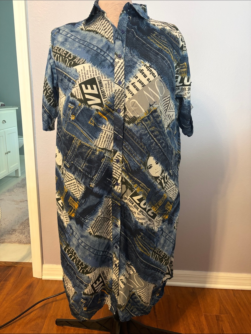 Live 4 Truth Blue Newspaper-Print Midi Shirt Dress